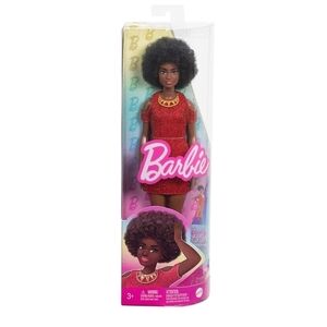 Barbie Doll with Black Curly Hair and Red Dress